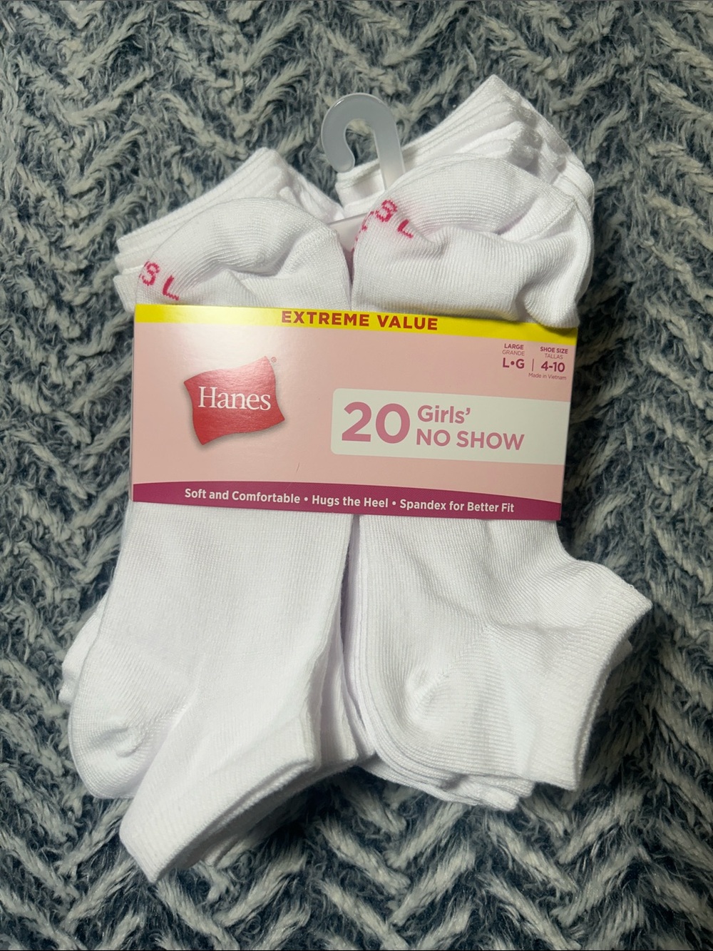 Hanes Girls' No-Show Socks - White (20 Pack) Size Large
